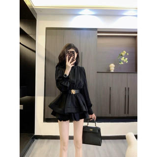 Áo peplum bèo xoè dài tay cổ trụ lụa satin
