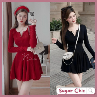 Đầm dáng xoè tay dài cổ V ôm body thun gân,  Babydoll Tết, Đầm váy đỏ dự tiệc, đầm dáng xòe đẹp có kèm quần