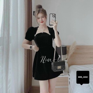 váy đầm nữ nhung mini dáng xòe tay phồng cúp ngực đính hoa sang chảnh