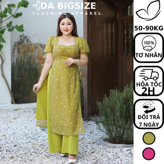 DA BIGSIZE - Áo Dài Bigsize Nữ Kiểu Nhún Ngực Chất Tơ Nhăn Họa Tiết Phù Hợp Đi Lễ , Đi Chùa Dành Cho Người Mập 50-90kg