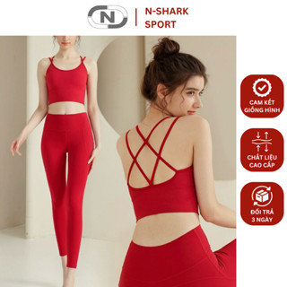 Set đồ nữ thể thao tập Gym, Yoga, Aerobic áo yếm ba lỗ sexy, quần dài màu đỏ mặc dịp Tết | NShark Sport - Dài FC 810