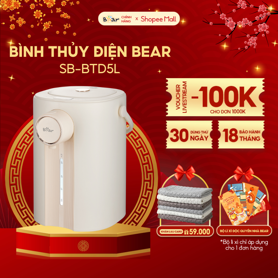 Bình Thủy Điện Đun Nước Nóng Bear 5L Đun Sôi Siêu Nhanh Khử Clo 11 Mức Nhiệt Có Đèn Dịu Nhẹ Ban Đêm SB-BTD5L