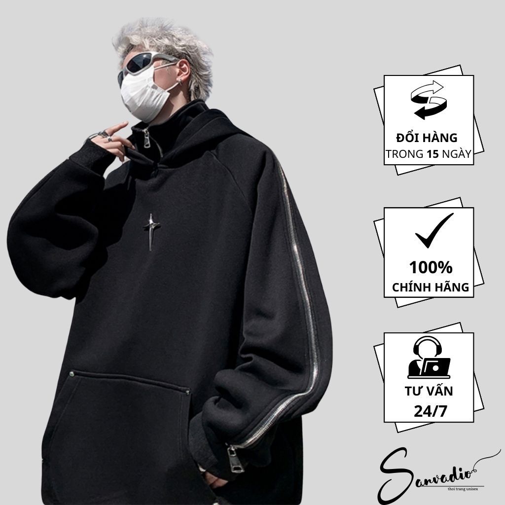 Áo Hoodie Cổ Cao Phối Khóa Zip SANVADIO Áo Nỉ Nam Nữ Dáng Rộng Khóa Tay Kiể Ninja ,nỉ hoodie Retro Menswear AN658