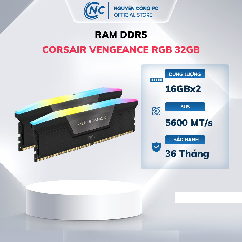 RAM CORSAIR VENGEANCE RGB 32GB (2x16GB) DDR5 Bus 5600MHz Black - Hàng chính hãng bảo hành 36 tháng