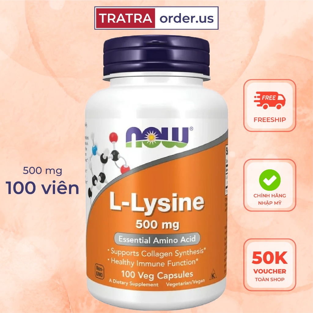 Viên uống hỗ trợ miễn dịch, tăng sinh Collagen Now L-Lysine 500/1000mg 100-250 viên [Đủ bill Mỹ]