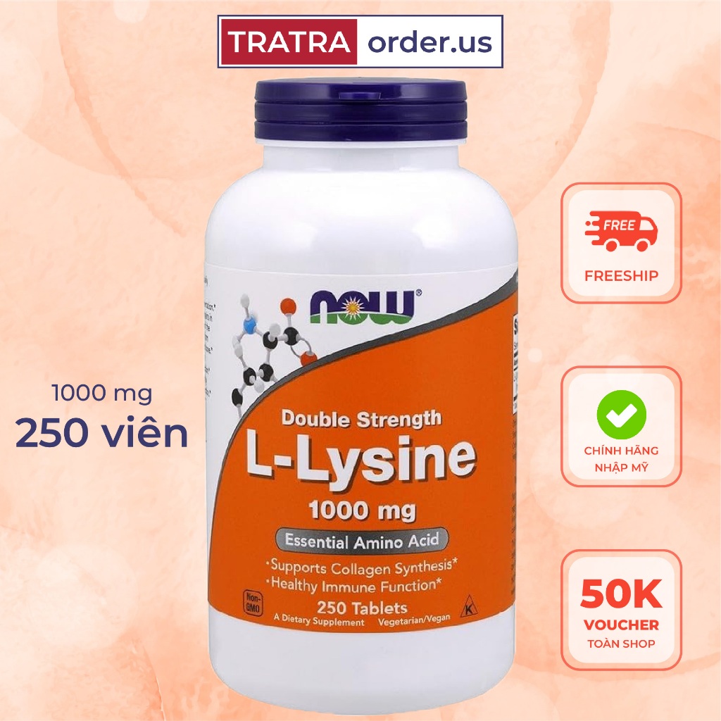 Viên uống hỗ trợ miễn dịch, tăng sinh Collagen Now L-Lysine 500/1000mg 100-250 viên [Đủ bill Mỹ]