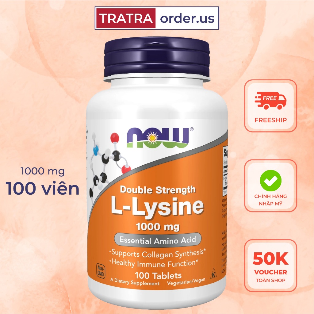 Viên uống hỗ trợ miễn dịch, tăng sinh Collagen Now L-Lysine 500/1000mg 100-250 viên [Đủ bill Mỹ]