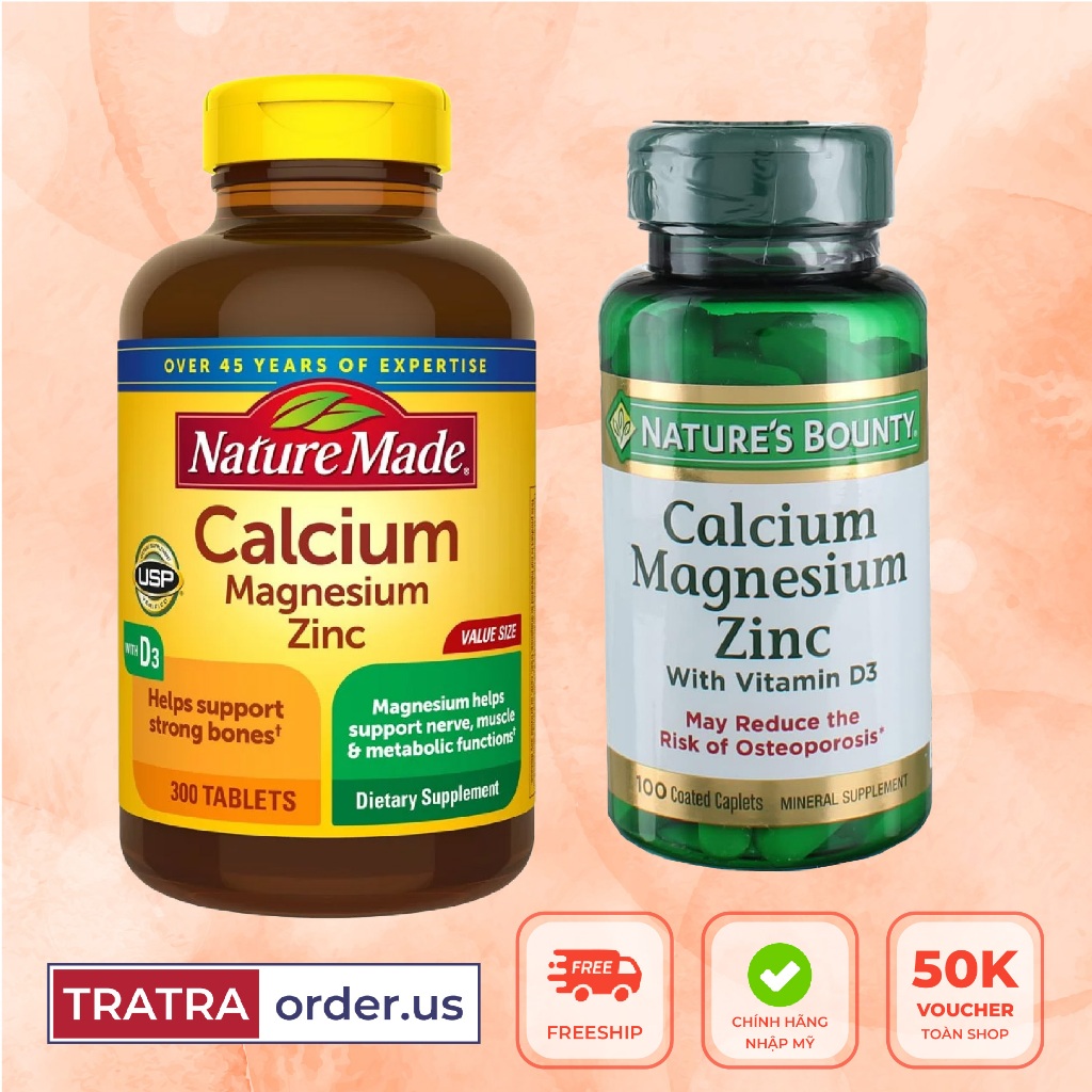 Viên uống xương khớp Calcium Magnesium Zinc Nature's Bounty, Nature Made phòng ngừa loãng xương, giảm viêm khớp