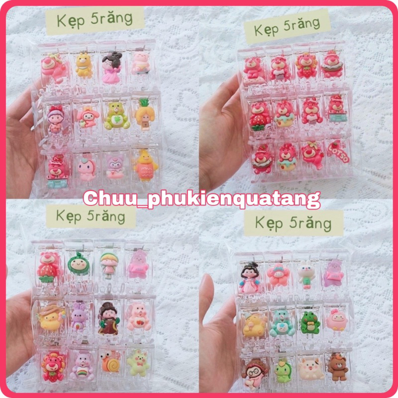 [ SỈ ] lốc 12 kẹp càng cua màu trong suốt đính charm xinh xắn kẹp 3 răng và 5 răng
