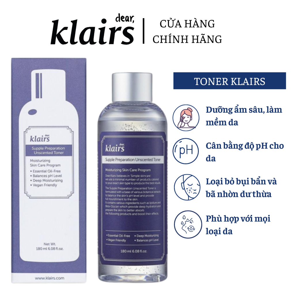Nước hoa hồng Dear, Klairs Supple Preparation Unscented Toner 180ml