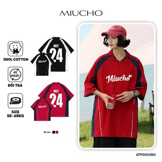 Áo thun polo form rộng phối cổ 862 Miucho tay ngắn vải cotton cổ tim in basic