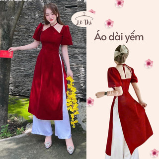 Áo dài yếm đỏ mặc tết chất nhung đứng form siêu xinh, áo dài cách tân cổ yếm kèm quần lụa|Lê Thi Clothing
