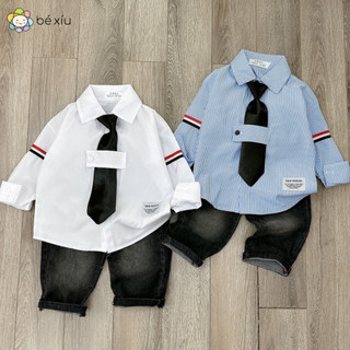  Set sơ mi công tử có CÀ VẠT cho bé trai, chất liệu thô mềm mát, thấm hút mồ hôi tốt cho bé 8-24Kg