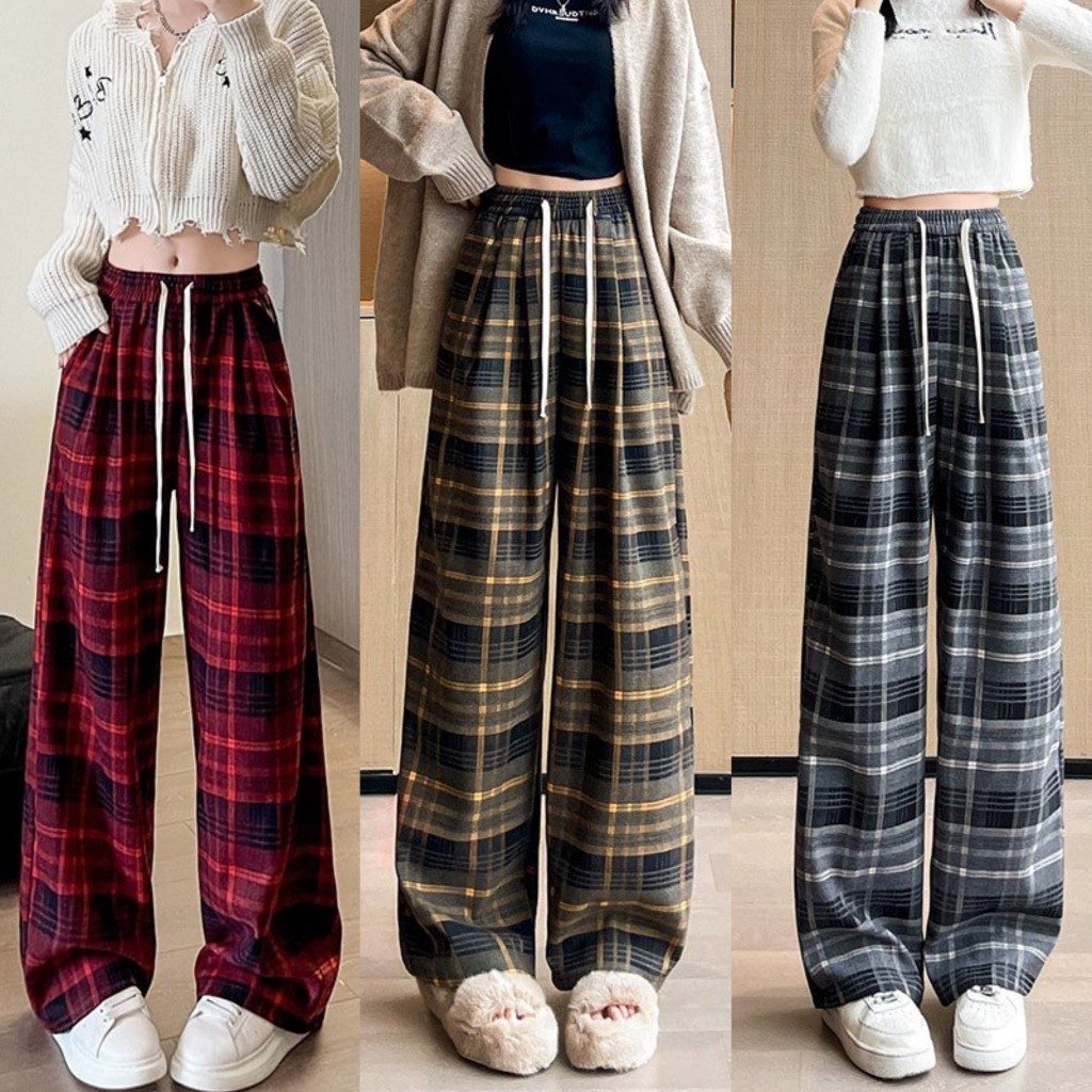 Quần Dạ Kẻ Ống Rộng Dây Rút Vải Dầy Dặn Lưng Chun Co Giãn Quần Kẻ Caro Form Rộng Ulzzang Lên Dáng Xinh MA97