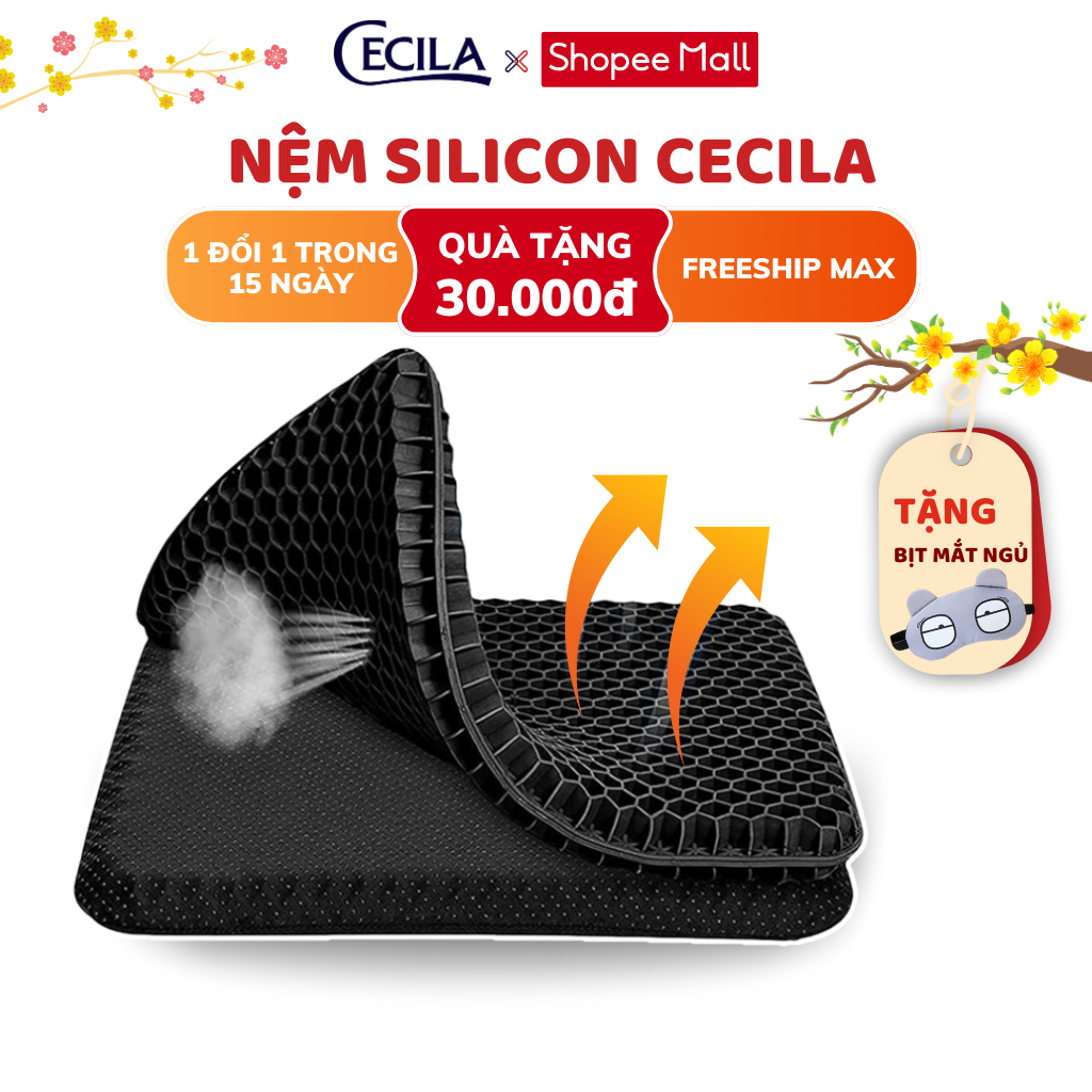 Đệm ngồi 3D Silicon văn phòng CECILA thế hệ mới, cấu trúc tổ ong 2 lớp thoáng khí, giảm áp lực lên mông, giảm đau mông