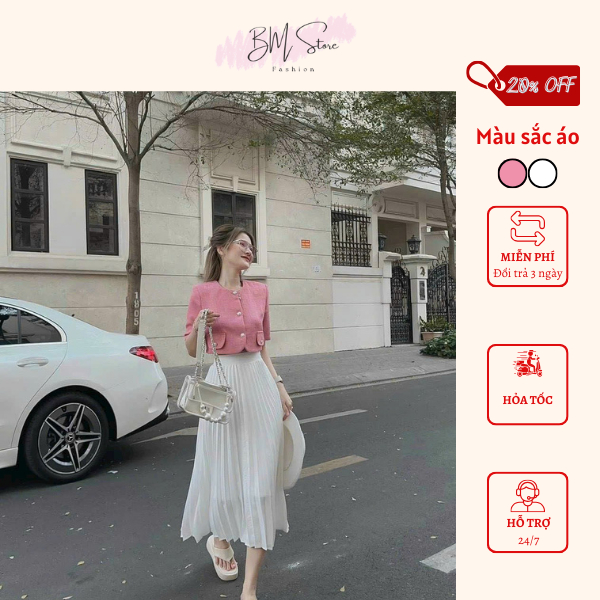 Set bộ nữ áo linen đính nút cổ tròn kèm chân váy xếp ly dài tôn dáng sang chảnh, tone màu nude siêu 