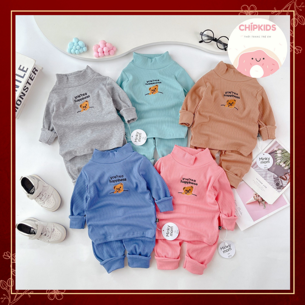 Bộ gân tăm cho bé trai, bé gái kèm hình thêu xinh cổ 3p mẫu mới thu đông từ [8-18kg]