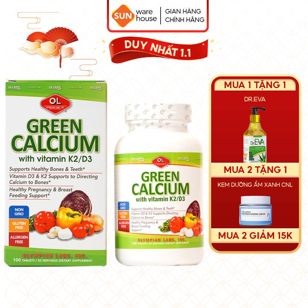 Viên Uống Bổ Sung Canxi Hữu Cơ Olympian Labs Green Calcium Giúp Xương Chắc Khoẻ, An Toàn Cho Mẹ Và Bé