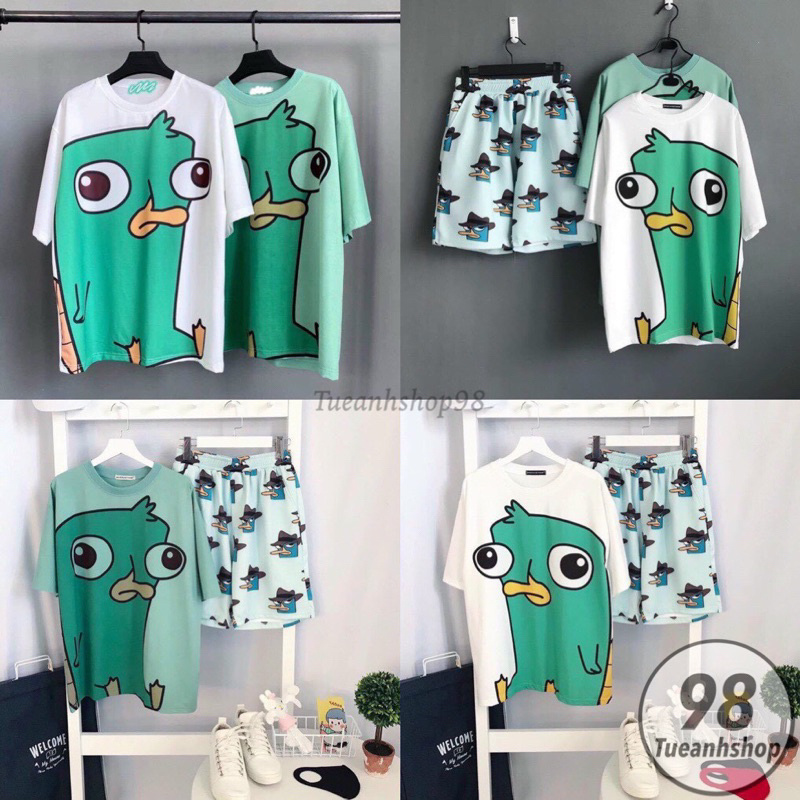 Bộ Đùi Vịt Pery Trắng Xanh - Set Đồ Bộ Nữ hoạt hình cotton phom rộng phối Quần Short Cartoon Unisex TUEANHSHOP