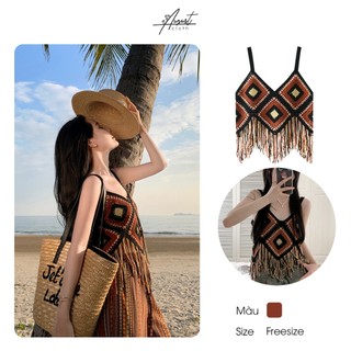 Áo len hai dây cổ chữ V nâu tua rua