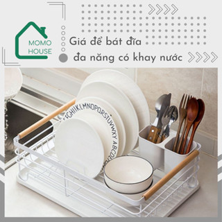 Giá Để Bát Đĩa Khung Sắt Đa Năng MOMOHOUSE Có Ống Đựng Đũa Thìa Và Khay Hứng Nước Tiện Lợi
