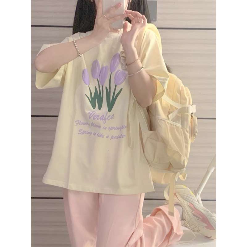 Áo thun .áo phông tay lỡ form rộng chất cotton dày đẹp mẫu hoa tím