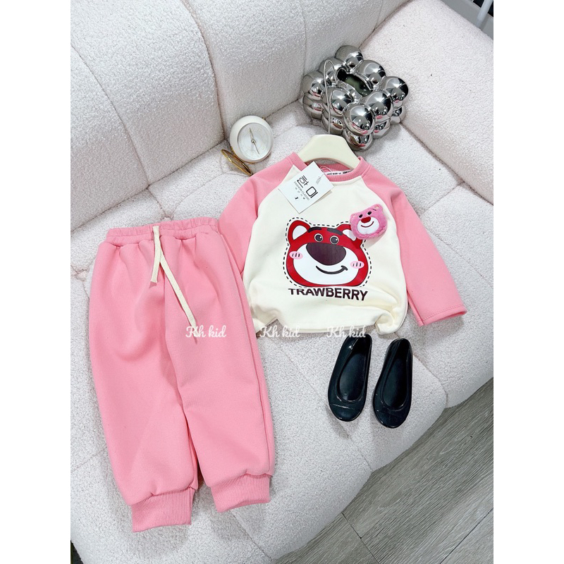 Bộ thu đông bé gái , Bộ nỉ da cá xước gấu dâu đáng yêu cho bé gái