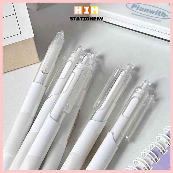 Bút Mực Gel Ngòi 0.5mm Vỏ Trắng Bấm Nút Nắp Cài Có Ngòi Thay Thế Cho Học Sinh
