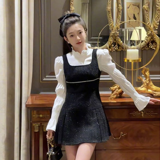 Set váy dạ tweed đen trắng, váy dạ tweed đen ngoài phối somi kiểu phía trong tách rời