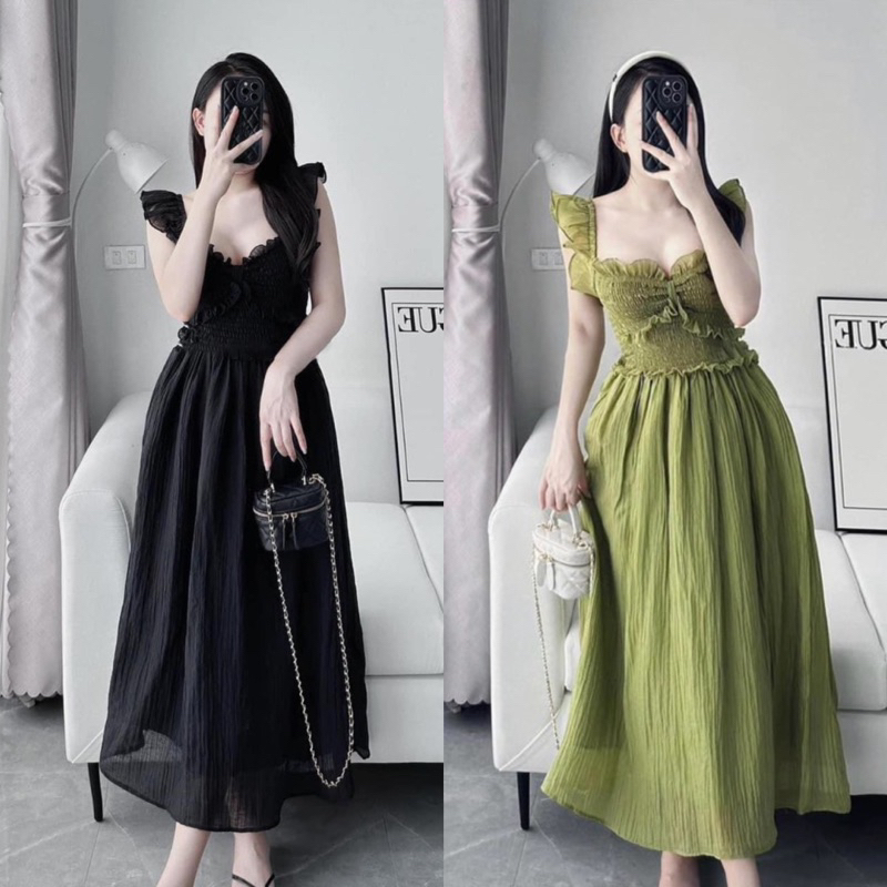 Đầm cánh tiên nơ chun nhún midi dáng dài