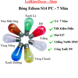 Bóng đèn led, bóng đèn trang trí decor ngoài trời, bóng led edison s14 pc- 2w 7 màu