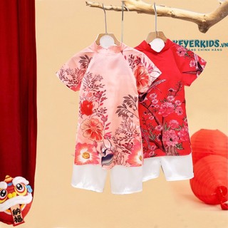 Sét Áo Dài Diện Tết Điệu Đà Bé Gái KEYER KIDS, Áo Dài Hoa Lụa Satin Họa Tiết 3D Xinh Xắn Kèm Quần Dài
