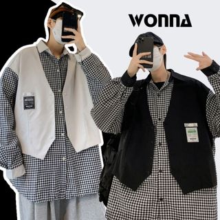 {Kèm ảnh thật} Áo khoác áo vest gile phối áo sơ mi caro trắng đen ulzzang unisex oversized Hàn Quốc street style nam nữ