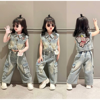 Sét jean MỀM áo thêu voi kèm quần túi hộp dây rút cho bé gái