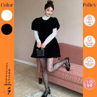 Đầm Nhung Tay Phồng, Đầm Babydoll Dáng Ngắn Phối Áo Ren Hoa Kiểu Dáng Tiểu Thư Đáng Yêu Cho Nữ