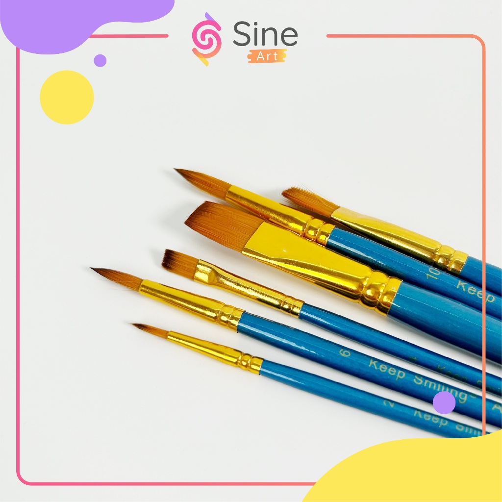 [ SINE ART ] Bộ cọ 6 cây Keep Smiling A6077 số 2 4 6 8 10 12 nhiều đầu cọ khác nhau vẽ màu nước màu bột màu poster