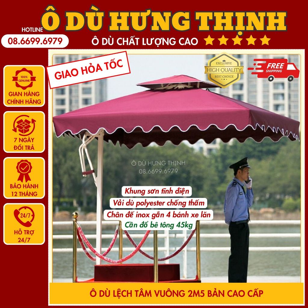 Ô dù che nắng lệch tâm vuông 2,5x2,5m hàng nhập khẩu cao cấp đã bao gồm vỏ chân đế có 4 bánh xe, vải dù chống thấm