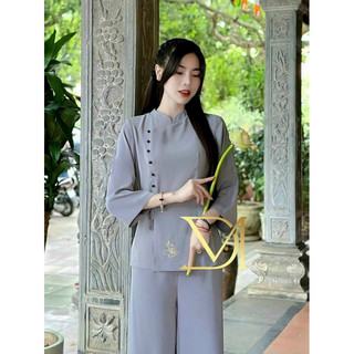 Sét bộ Lam chùa thời trang nữ bà ba chất tuyết nhung thêu đính nút tay lỡ cột eo mix quần suông lưng thun QC