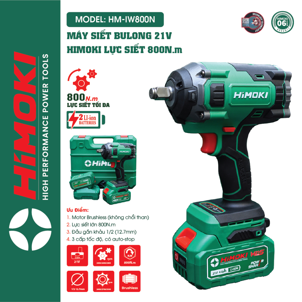 Máy Siết bulong Himoki HM-IW800N Lực siết khủng 800NM - Chuyên siết mở nồi Xe tay ga, Xe Ôto, Xe tải, Khoan, Bắt vít