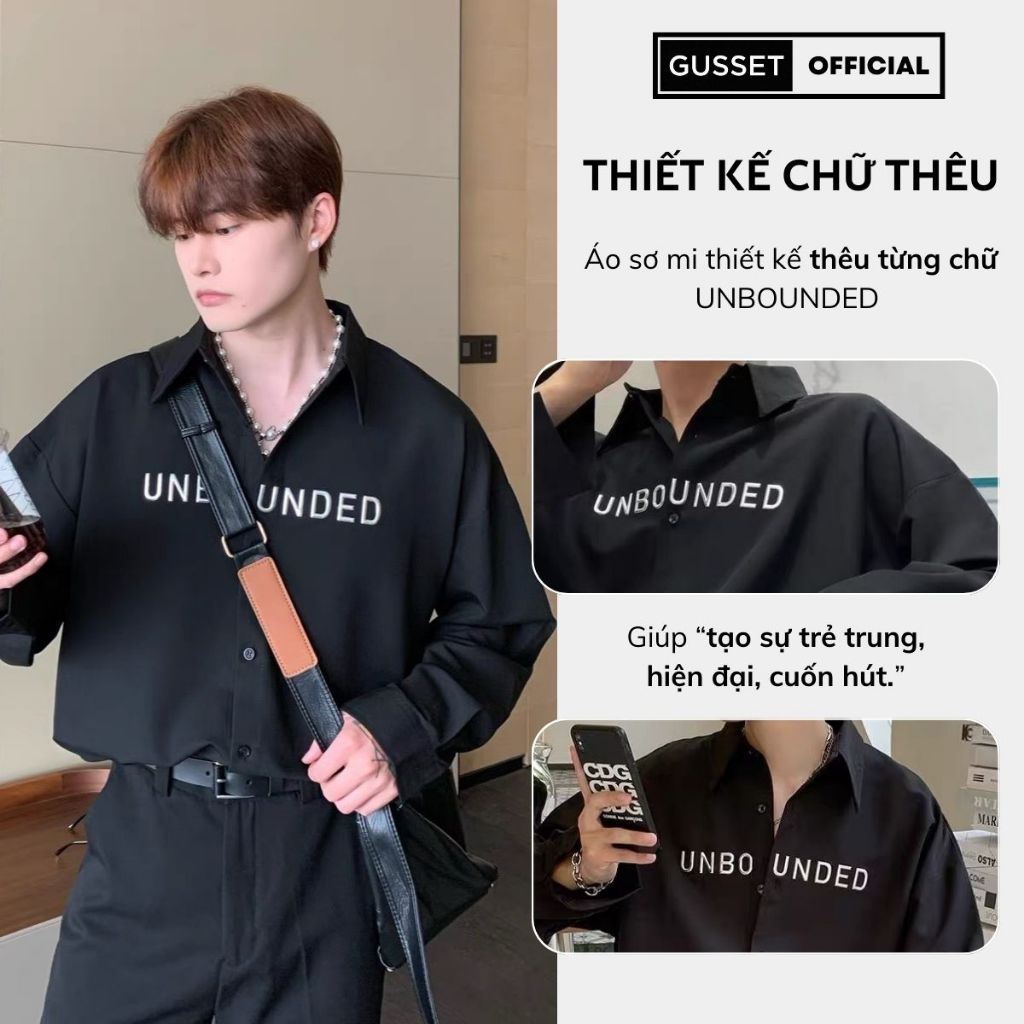 Áo Sơ Mi Nam Thêu UNBOUNDED GUSSET Chính Hãng Chất Vải Lụa Chéo Cao Cấp Dày Dặn Chống Nhăn Streetstyle