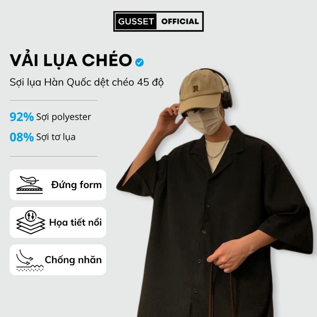 Áo Sơ Mi Cổ Vest Nam Nữ GUSSET, Sơ Mi Đen Nam Vải Lụa Chéo Hàn Quốc Dáng Suông Dễ Phối Đồ Streetstyle