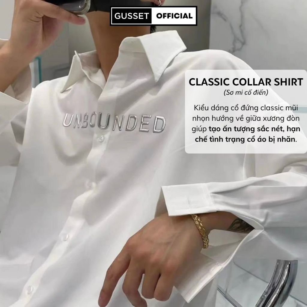 Áo Sơ Mi Nam Thêu UNBOUNDED GUSSET Chính Hãng Chất Vải Lụa Chéo Cao Cấp Dày Dặn Chống Nhăn Streetstyle