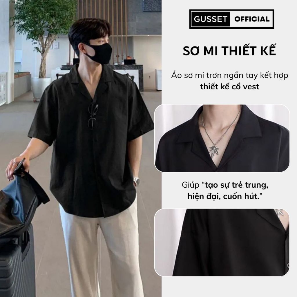 Áo Sơ Mi Cổ Vest Nam Nữ GUSSET, Sơ Mi Đen Nam Vải Lụa Chéo Hàn Quốc Dáng Suông Dễ Phối Đồ Streetstyle