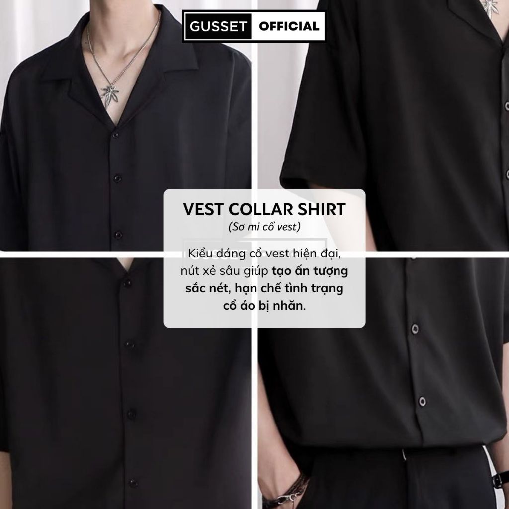 Áo Sơ Mi Cổ Vest Nam Nữ GUSSET, Sơ Mi Đen Nam Vải Lụa Chéo Hàn Quốc Dáng Suông Dễ Phối Đồ Streetstyle