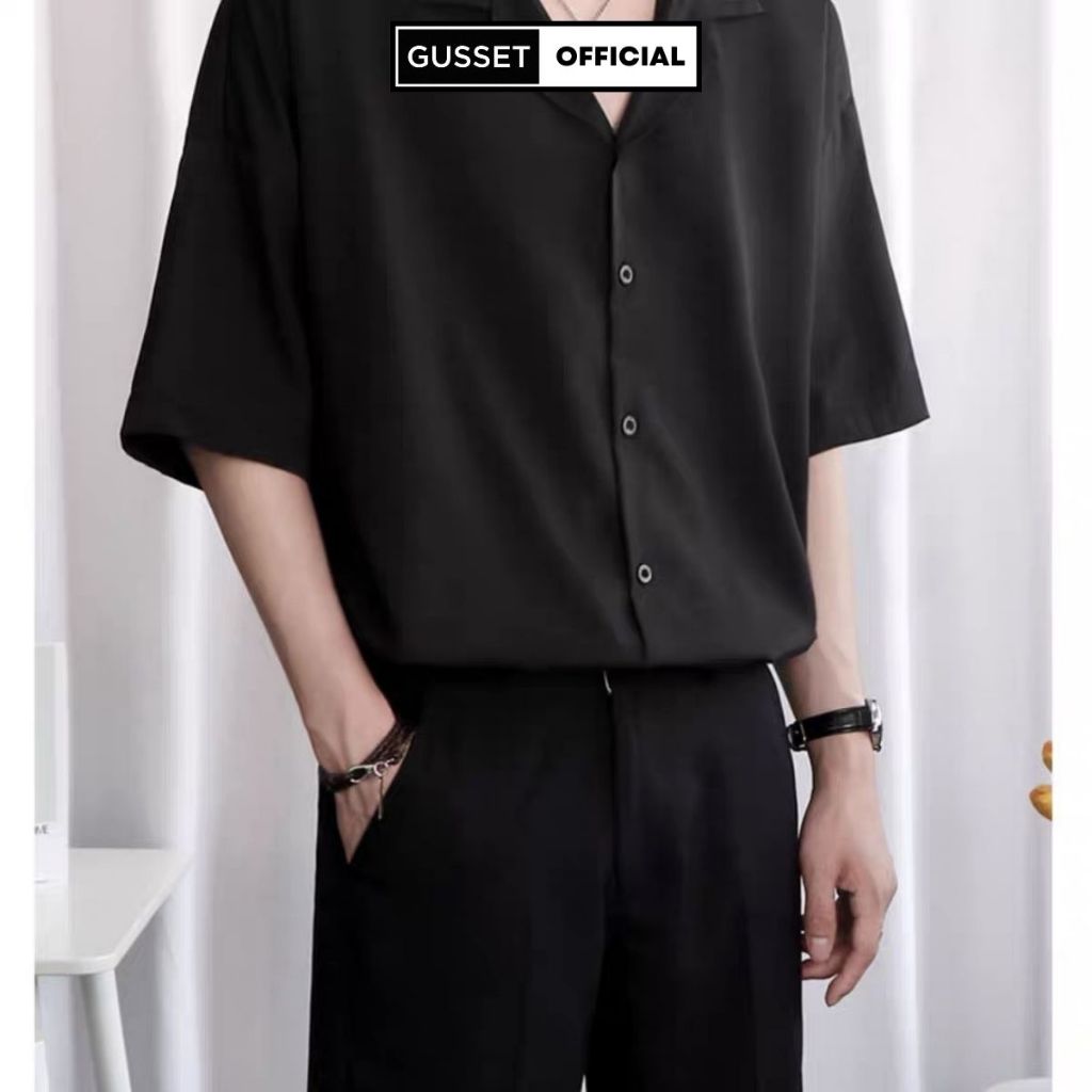 Áo Sơ Mi Cổ Vest Nam Nữ GUSSET, Sơ Mi Đen Nam Vải Lụa Chéo Hàn Quốc Dáng Suông Dễ Phối Đồ Streetstyle