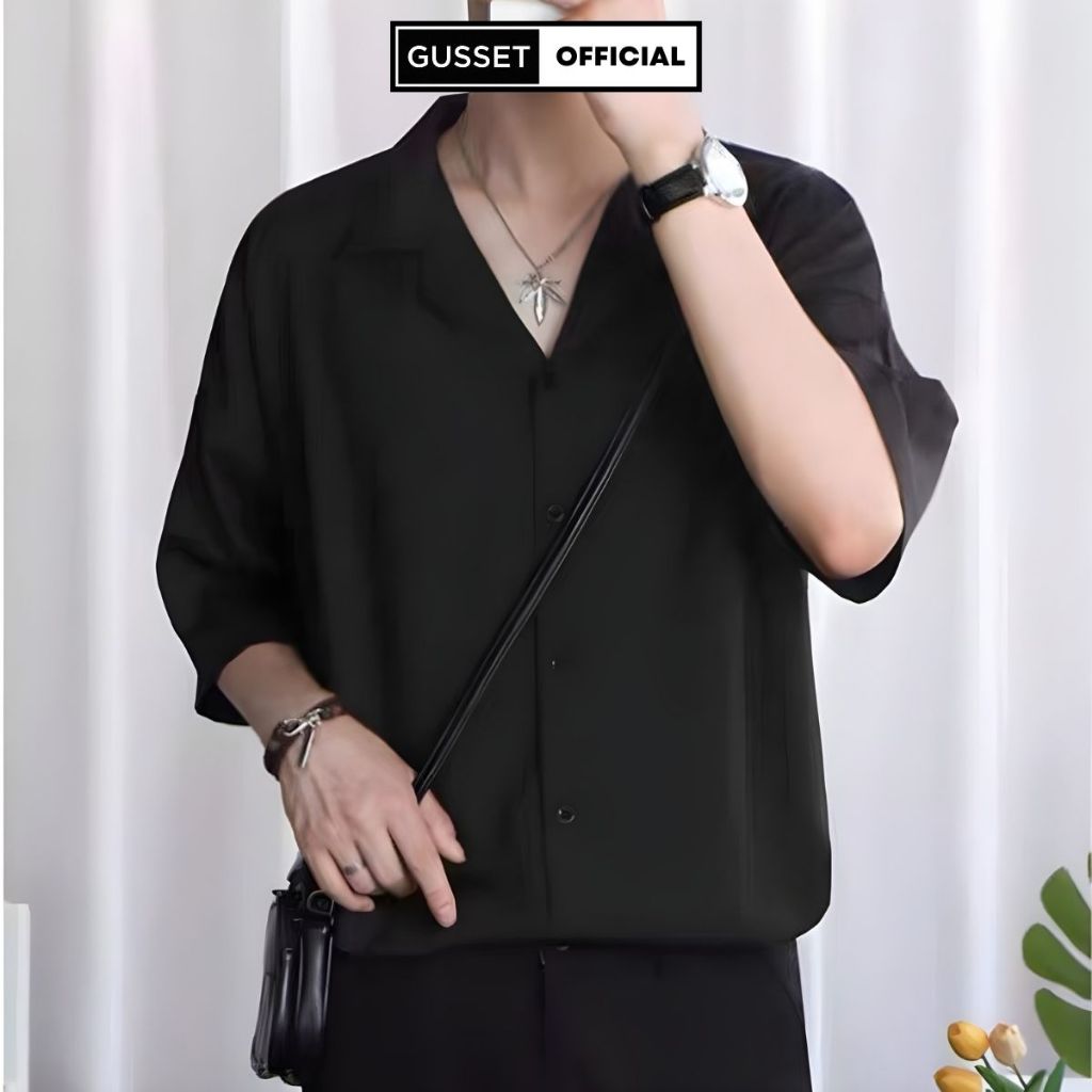 Áo Sơ Mi Cổ Vest Nam Nữ GUSSET, Sơ Mi Đen Nam Vải Lụa Chéo Hàn Quốc Dáng Suông Dễ Phối Đồ Streetstyle