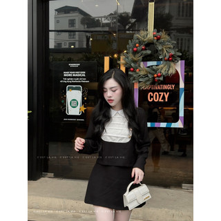 Áo tweed đen cổ trắng 2 hàng cúc C'est lavie