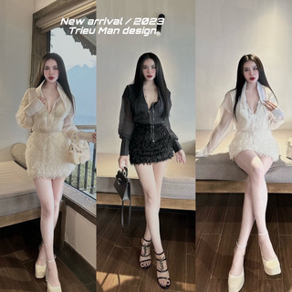 Set đầm sơ mi cách điệu phối chân váy lông sexy, kèm bra a18