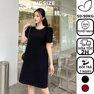 Dabigsize - Đầm Bigsize Nữ , Váy Kiểu Suông Đính Đá Cổ Tròn Chất Tuyết Mưa Mềm Mịn Dành Cho Người Mập 50-90kg