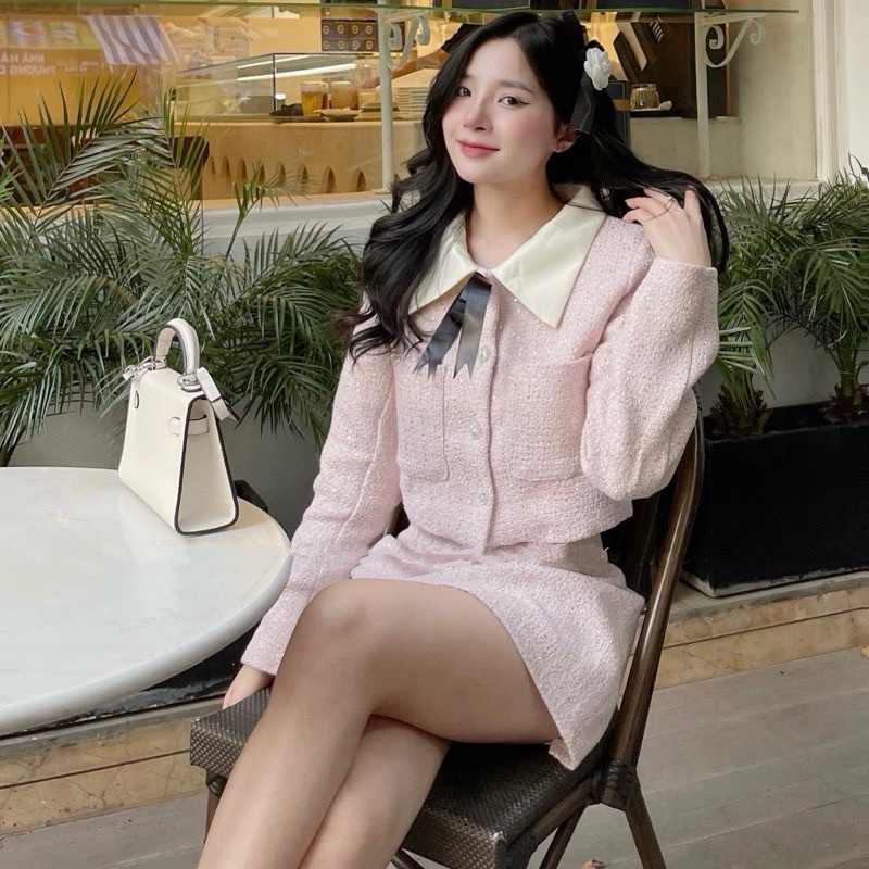 Set Dạ Tweet Hồng Áo Dạ Croptop Chân Váy Chữ A